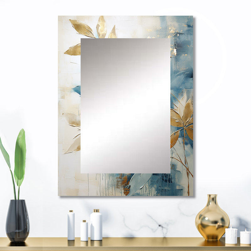 Gold And Blue Abstract Botanical - Botanicals Decorative Wall Mirror, Modern Mirror, Printed Metal Art, 32" x 24"