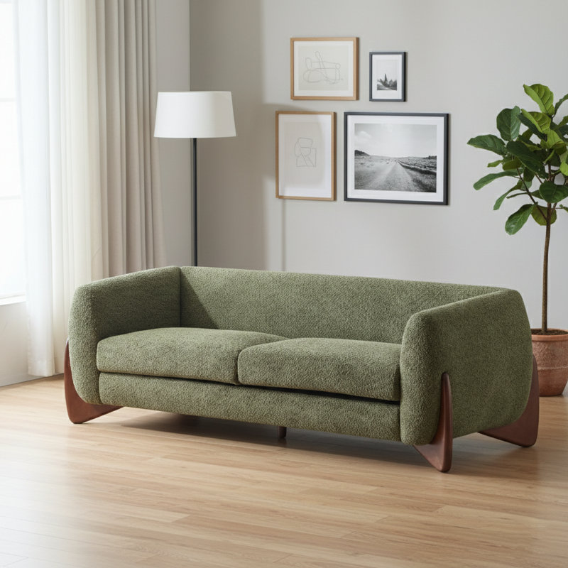 Canapé en sherpa 82 pouces vert olive, parfait pour les espaces de vie confortables et contemporains