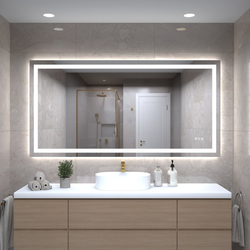 Miroir de salle de bain 60X28 à DEL avec lumières, miroir de meuble-lavabo avant et rétro-éclairé, verre trempé anti-buée, 3 réglages de mémoire de couleur | Idée de cadeau