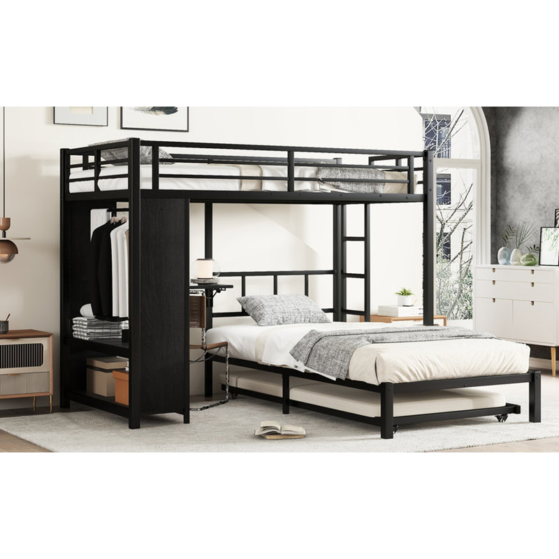 Lit superposé simple au-dessus de métal noir avec placard intégré, bureau coulissant sous lit gigogne et rails pleine longueur pour économiser de l'espace avec une grande armoire, une surface de travail coulissante et une réduction du bruit