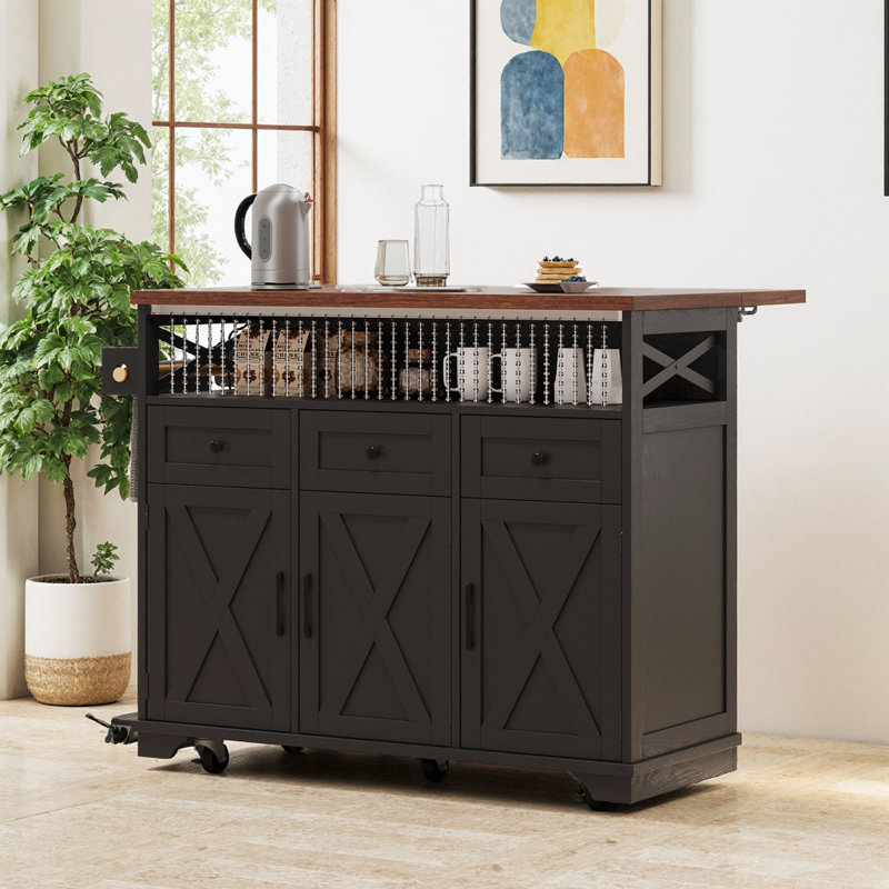 Farmhouse Kitchen Island with Bead Drape, Power Outlet, Drop Leaf & Hidden Wheels, Black, Black