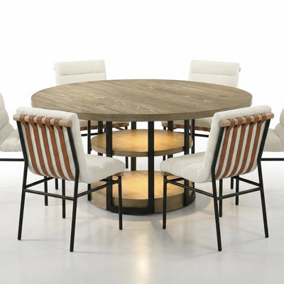 Ensemble de salle à manger 7 pièces 59 "avec lumière DEL, cadre de table en métal, tablettes et chaises en tissu