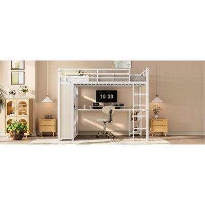 Queen Metal Loft Bed Of White Wood-Grain, Featuring Desk, Wardrobe And Storage Shelves, Space Option For Small Bedroom In With Built-In Wardrobe, Desk Storage, Assurance