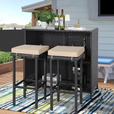 3-Piece Outdoor Patio Bar Set with Two Stools and Glass Top Table, Patio Wicker Furniture with Removable Cushions by Latitude Run