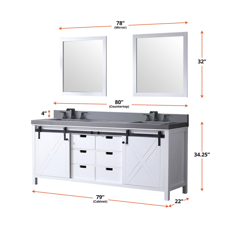 Meuble-lavabo double blanc 80 po L, surface en quartz gris, robinet inclus, miroir large avec