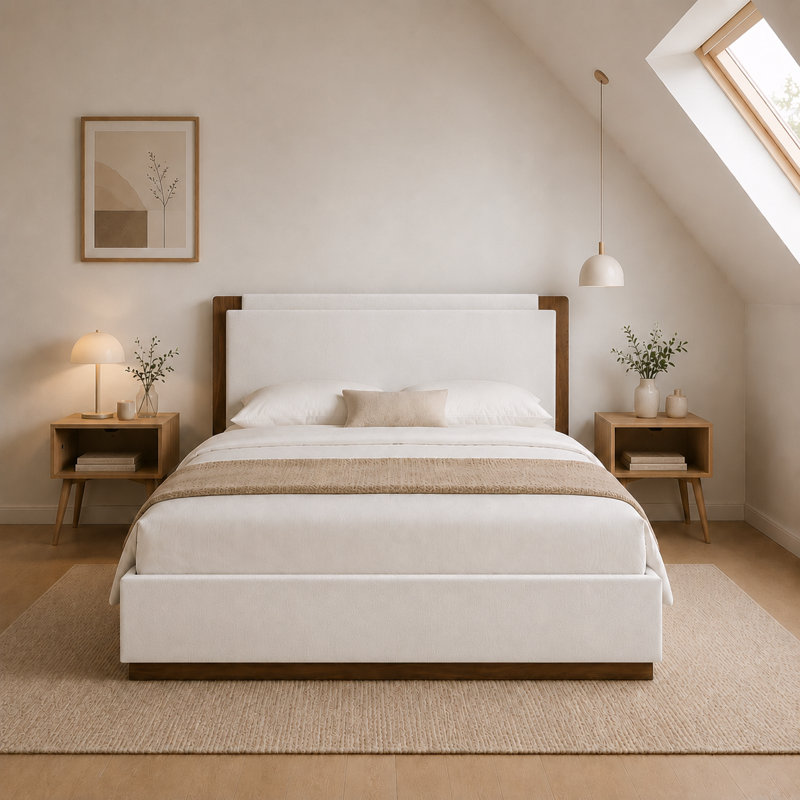 Lit plateforme tapissier contemporain avec rangement à gaz, Queen, Cream
