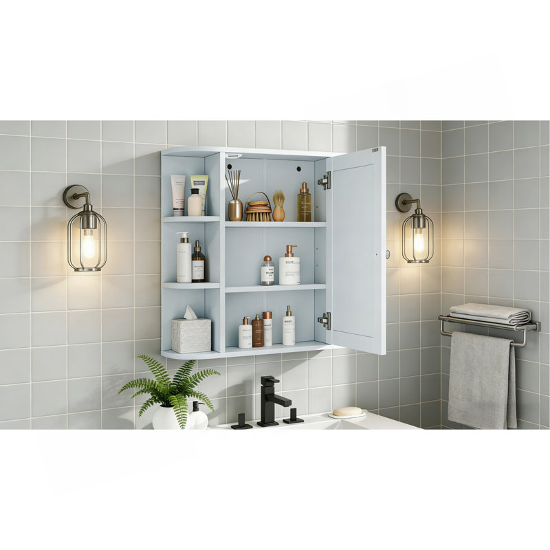 Armoire de rangement murale de salle de bain avec miroir, armoire à pharmacie avec tablette en bois réglable et portes, armoires de rangement montées avec 6 tablettes ouvertes