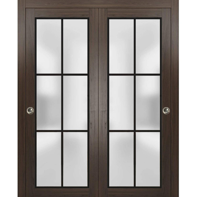 Portes coulissantes de placard avec quincaillerie Planum 2122 Frêne chocolat avec verre dépoli, rails robustes, moulures, garnitures, ensemble de quincaillerie, portes de placard de chambre modernes en bois massif - 64 po x 84 po (2 x 32 x 84)