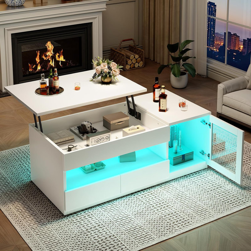 39.4" Lift Top Coffee Table with 2 Drawers, Modern LED Coffee Tables, White, White