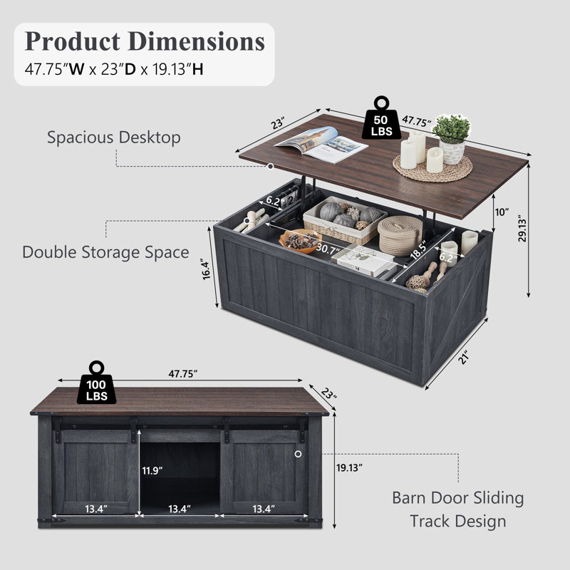 Vianor  48” Lift Top Coffee Table with Storage, Dark Gray