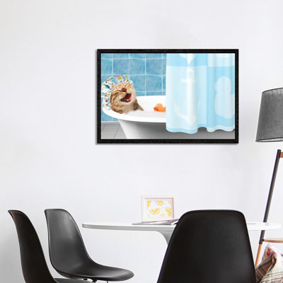Funny Cat Is Taking A Bath With Toy Duck - Print on Canvas