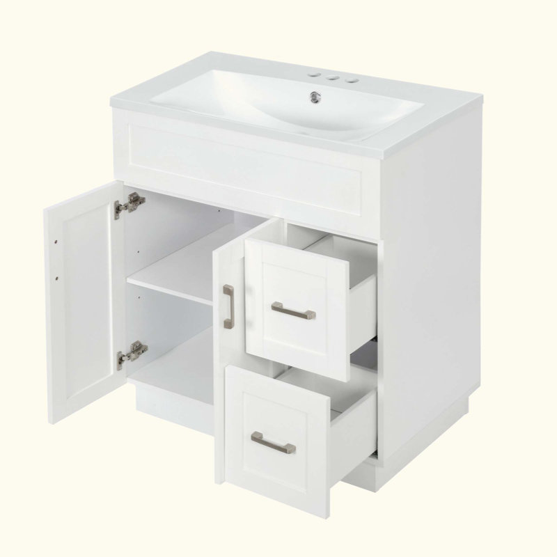 Meuble-lavabo de salle de bain avec 2 portes, 2 tiroirs, tablette réglable, glissières cachées pour les tiroirs et charnières pour portes (robinet non inclus)