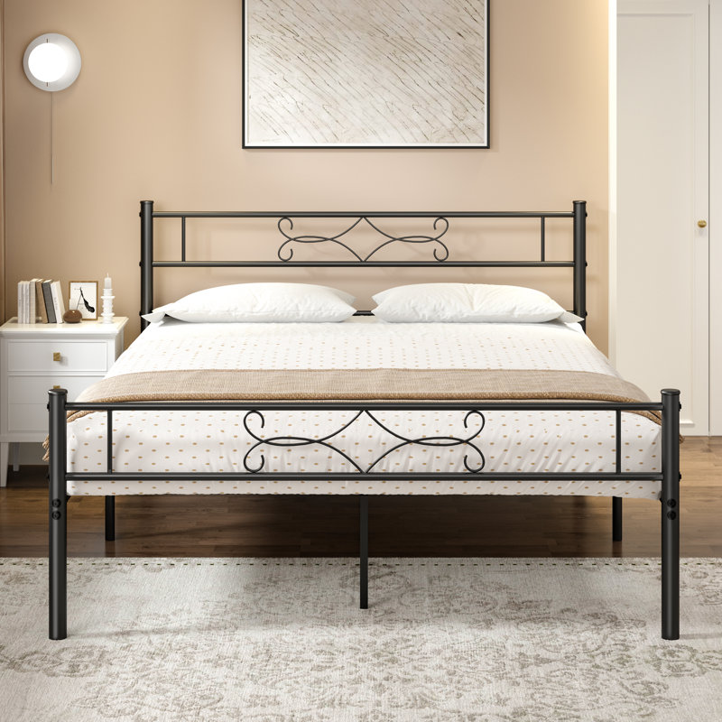 Alvernia Single Double Size Bed Metal Platform Mattress Foundation w/Headboard Footboard, Double (4'6)