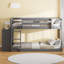 Lit plateforme superposé avec rangement simple au-dessus de simple en bois massif gris ardoise avec 4 tiroirs et 3 tablettes latérales ouvertes