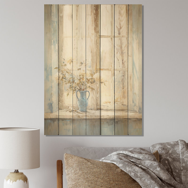 Impression florale blanche et bleue minimalisme I - fenêtres de ferme sur bois, H 40 po x l 30 po