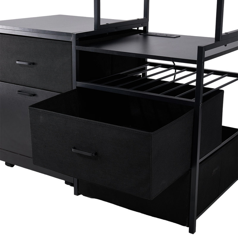 Black Mini Fridge Stand with Wine Rack and Power Socket
