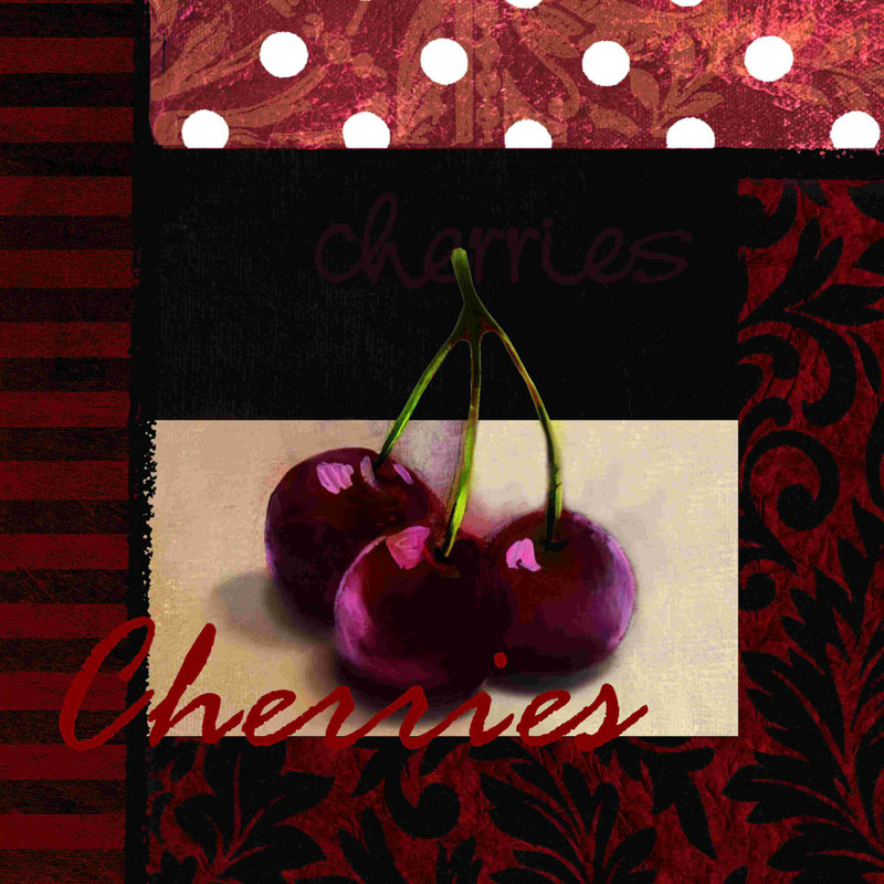 Cerises et motifs - peinture sur toile tendue, H 30 po x l 30 po