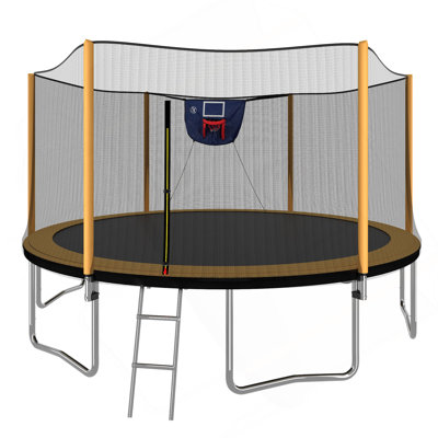 14FT Powder-Coated Advanced Trampoline With Basketball Hoop Inflator And Ladder(Outer Safety Enclosure) Orange