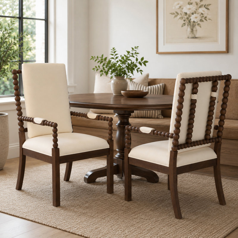 Chaise de cuisine en bois tourné French Country, chaise de salle à manger rembourrée en tissu à haut dossier avec accoudoirs, chaise d'appoint rembourrée Traditional