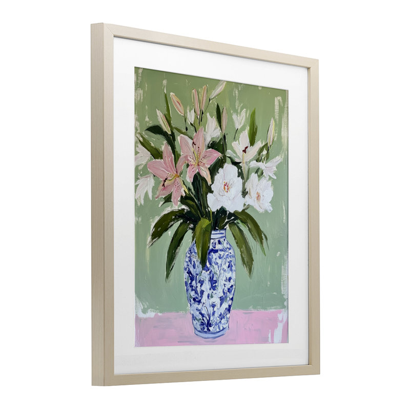 «Lily Cluster in Chinoiserie Vase», reproduction encadrée sous verre, H 16 po x l 13 po, Cadre de récolte en pin