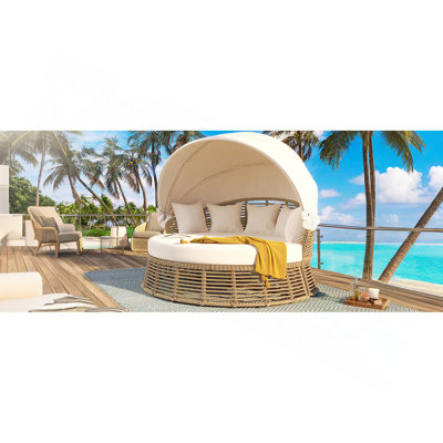 Outdoor Patio Rattan Round Daybed with Retractable Canopy, Wicker Furniture Round Poolside Sofa Sunbed with Removable Cushions, Backyard, Porch, Beige