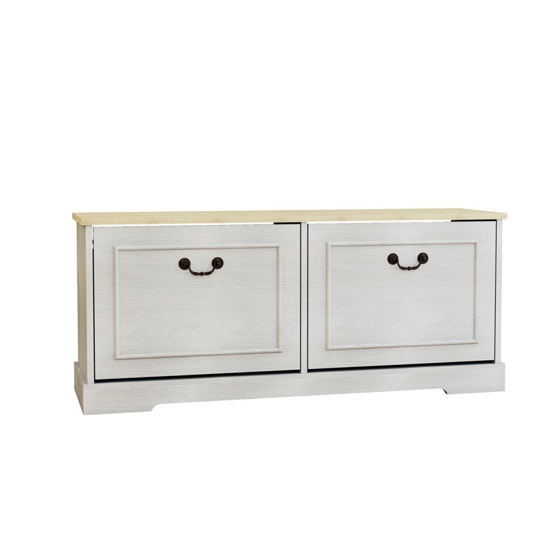 Modern Entryway Shoe Bench With 2 Flip Drawers And Adjustable Shelf In Antique White - Space Saving Easy To Use