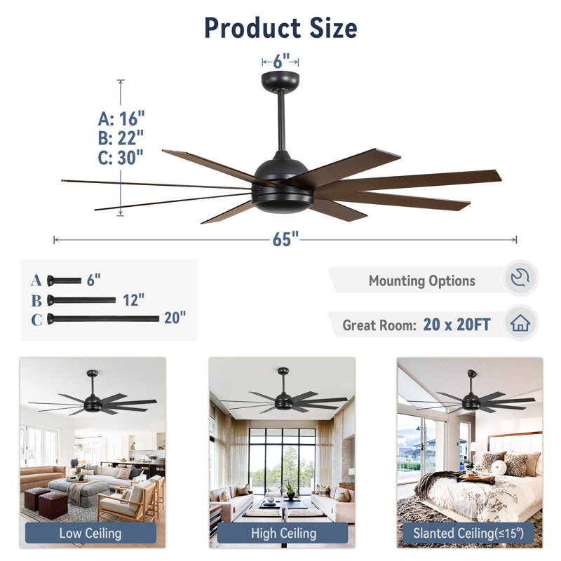 Cissline 65" Black Modern Ceiling Fan No Light with Remote Control for Living Room/Bedroom