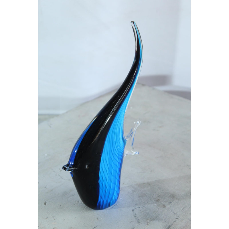 NIFAO Glass Angelfish Figurine Blue Black Hand Blown Art Decor 6" x 3" x 9"H