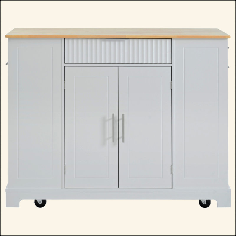 Fluted Kitchen Island With Trash Can Storage Cabinet, Power Outlet, Internal Storage Rack, Rolling Kitchen Islands On 5 Wheels With 3 Drawer, 3 Open Side Racks For 10 Gallon Garbage Bin