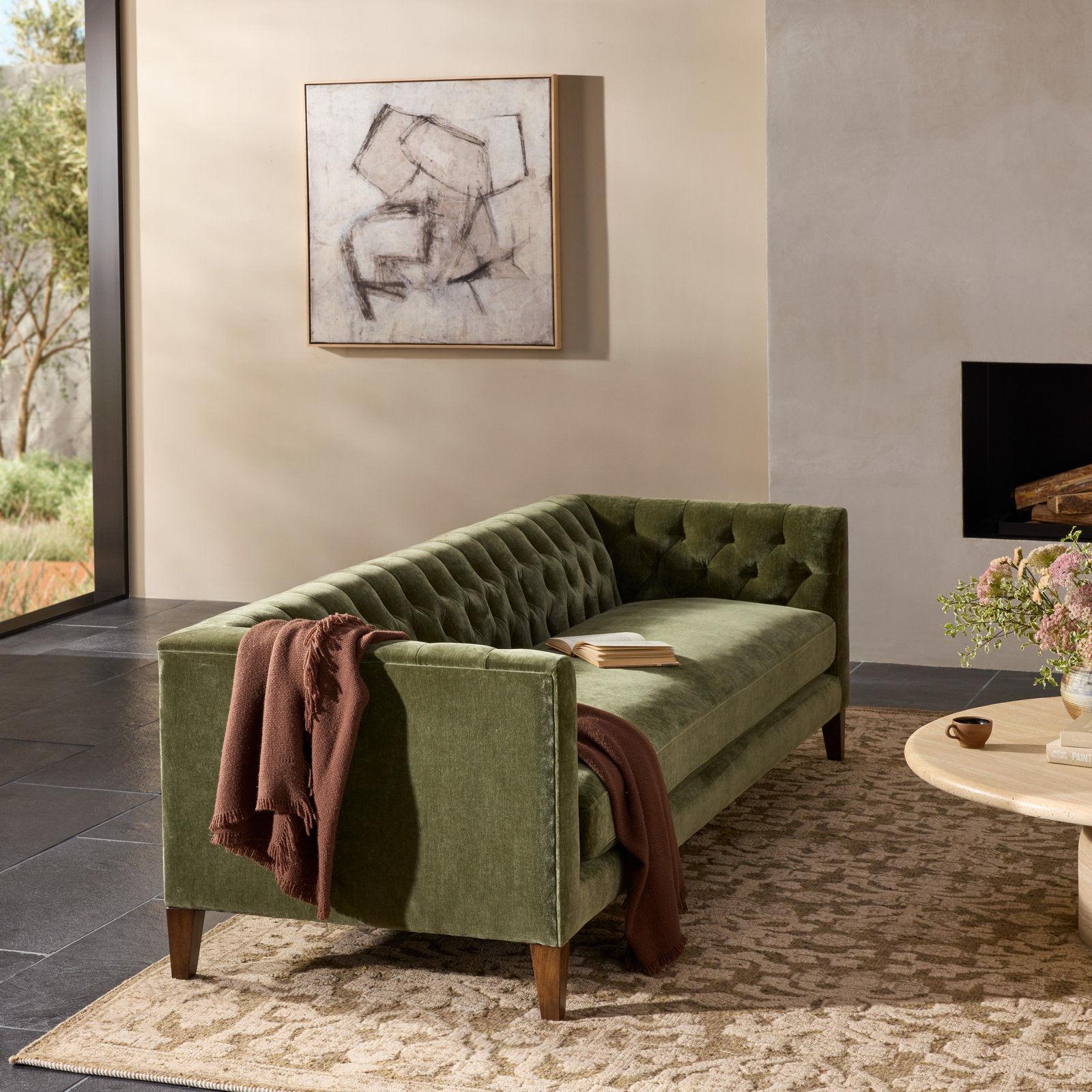 96" Genuine Leather Sofa, Amici Moss Velvet