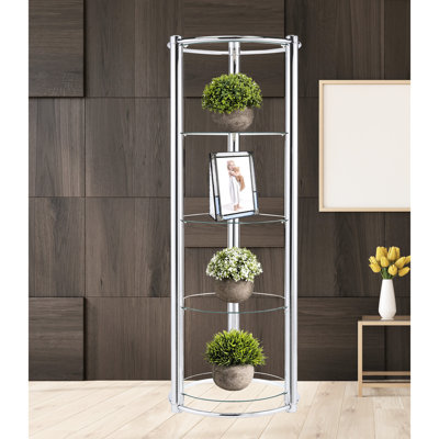 Modern Triangle Display Shelf With Frame And Tempered Glass, 5 Spacious Shelves For Primary Living Areas, Open Back, Silver Clear Appearance Of Vertical Showcasing In Finish