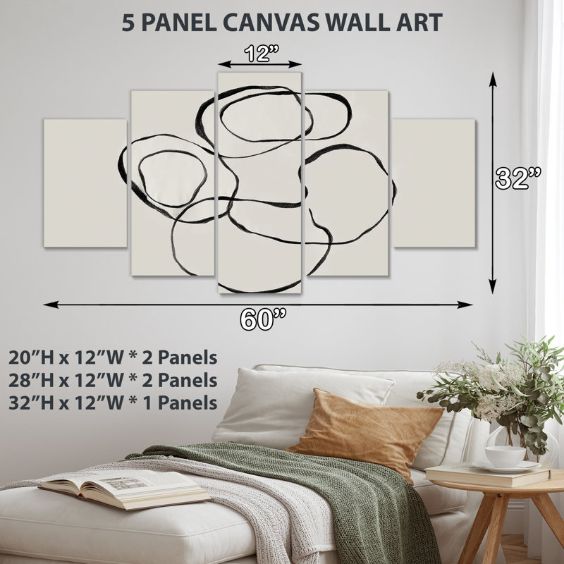 «Abstract Simple Brush Outline Curves - Abstract Shapes», art mural sur toile, ensemble de 5 impressions sur toile noires