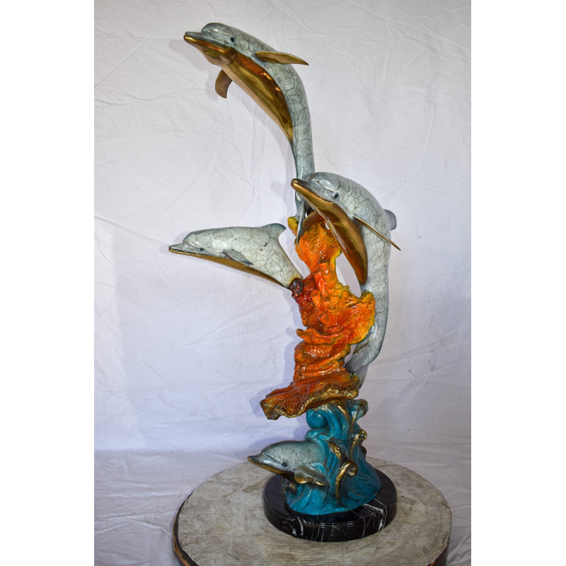 Four Dolphins Swimming In Ocean Coloured Bronze Statue Size: 18" X 14" X 41"H