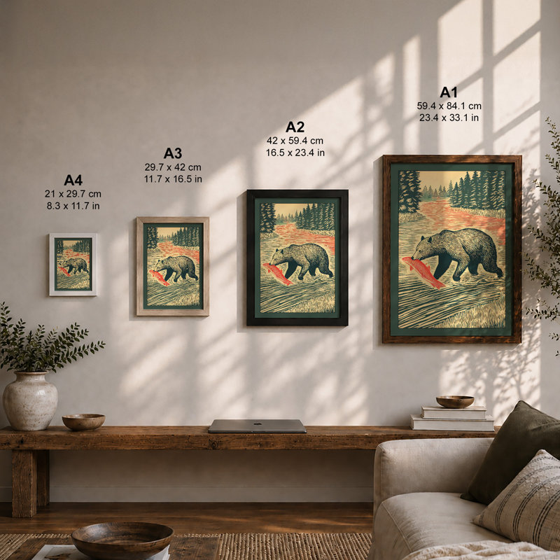 Bear Fishing At Dusk Rustic - Single Picture Frame Print, A1 - 84.1 x 59.4 cm, Oak