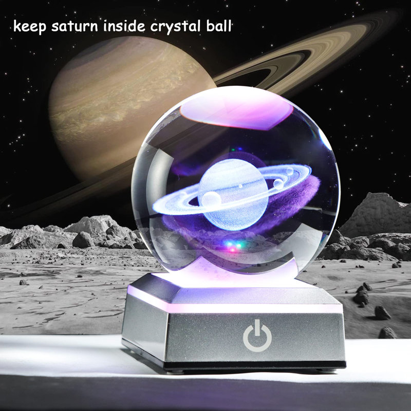 80mm 3D Engraved Saturn Crystal Ball with LED Base, Solar System Glass Sphere Decor.