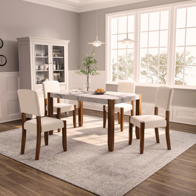 5-Piece Modern Dining Furniture Set, 4-Person Space-Saving Dinette for Kitchen, 46"" Faux Marble Style Table and 4 Upholstered Chairs with Solid Rubber -  Ivy Bronx, F80BCA66FF054F75A5A6369EFD912CE9