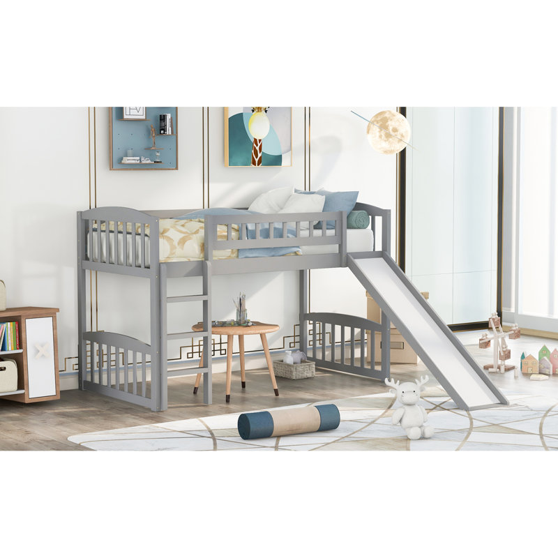 Lit mezzanine simple gris avec glissade et - pour les petits espaces, lecture sous le lit, contreplaqué de pin massif, assemblage en 20 minutes, idéal pour les maisons, espace limité, crée un espace confortable en dessous, pin, facile