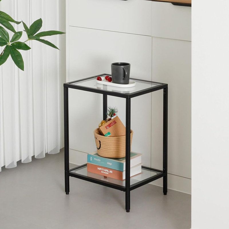 Table de bout moderne en verre trempé à 2 niveaux - Table d'appoint en métal noir pour petits espaces, 2