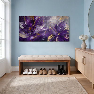 Purple Floral Abstract Art Canvas Wrapped Wall Art With Gold Accents For Living Room Bedroom Or Home Decor