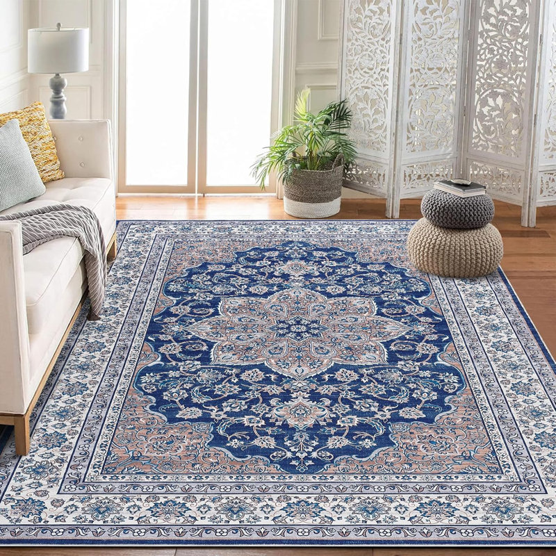 Vintage Washable Area Rug, Floral Medallion, Soft Accent Carpet for Living Room, Bedroom, Entryway, Non-Slip, Low-Pile