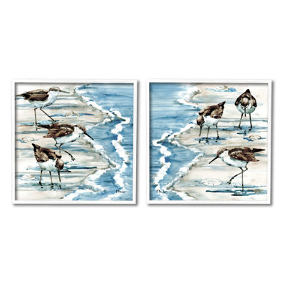 «Sandpipers Grazing Beach Shore» par Paul Brent - ensemble de 2 peintures sur bois