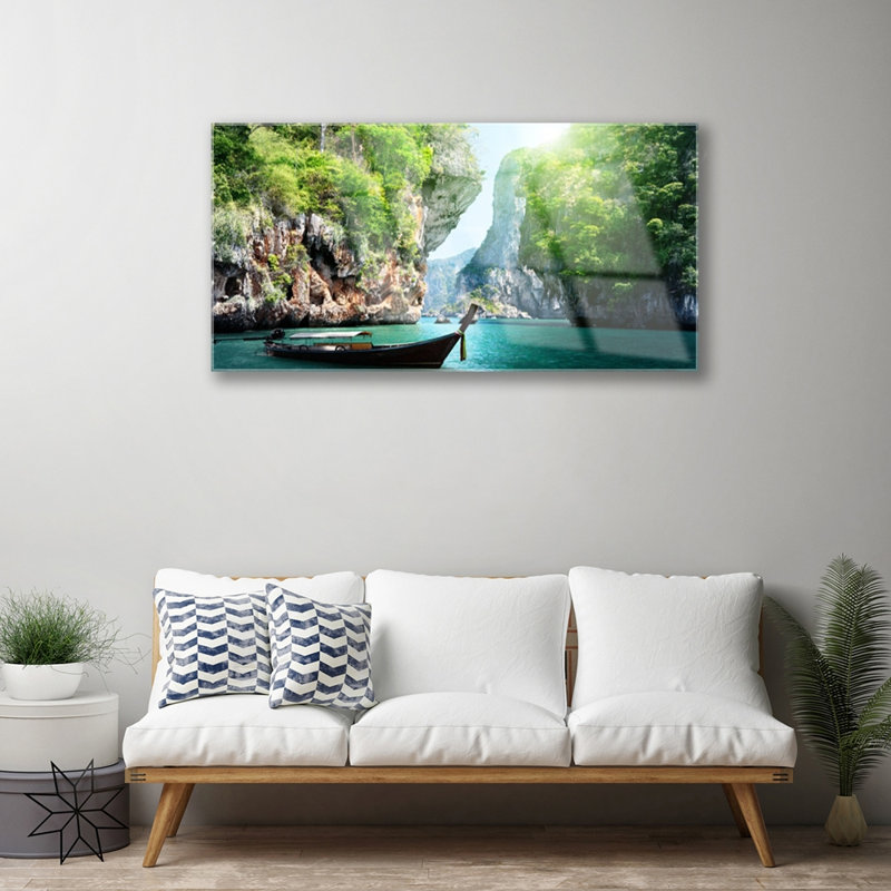 Nature Mountain Water Boat - No Frame Print on Glass