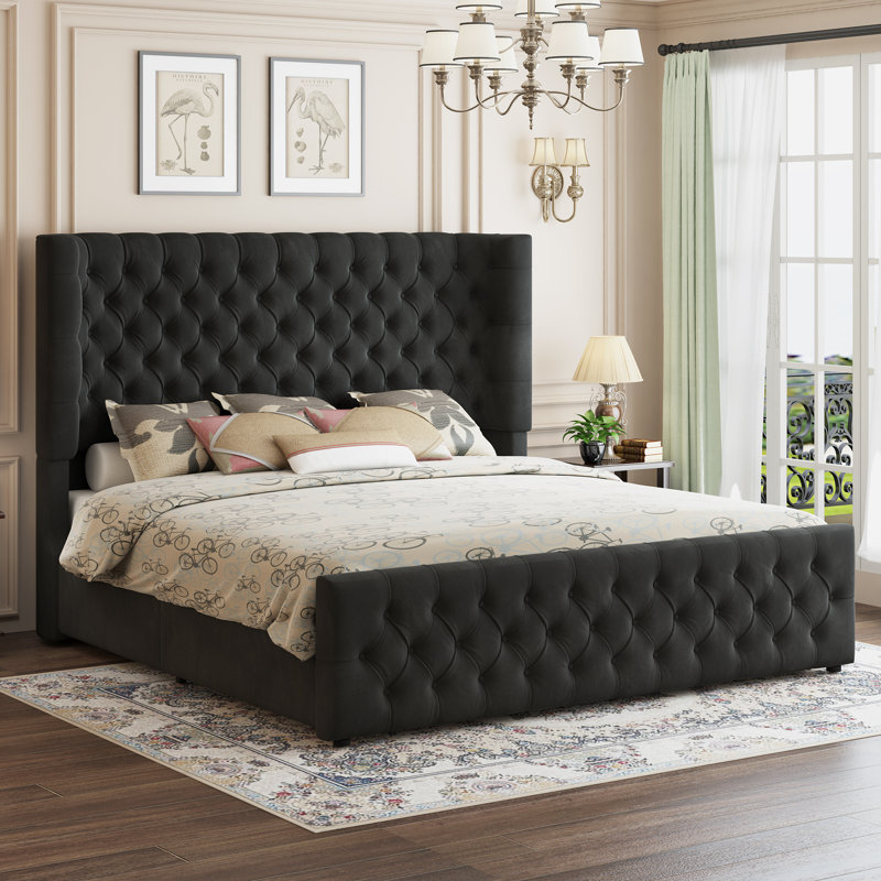 Deep Tufted Headboard Upholstered Wingback Bed, Black, California King