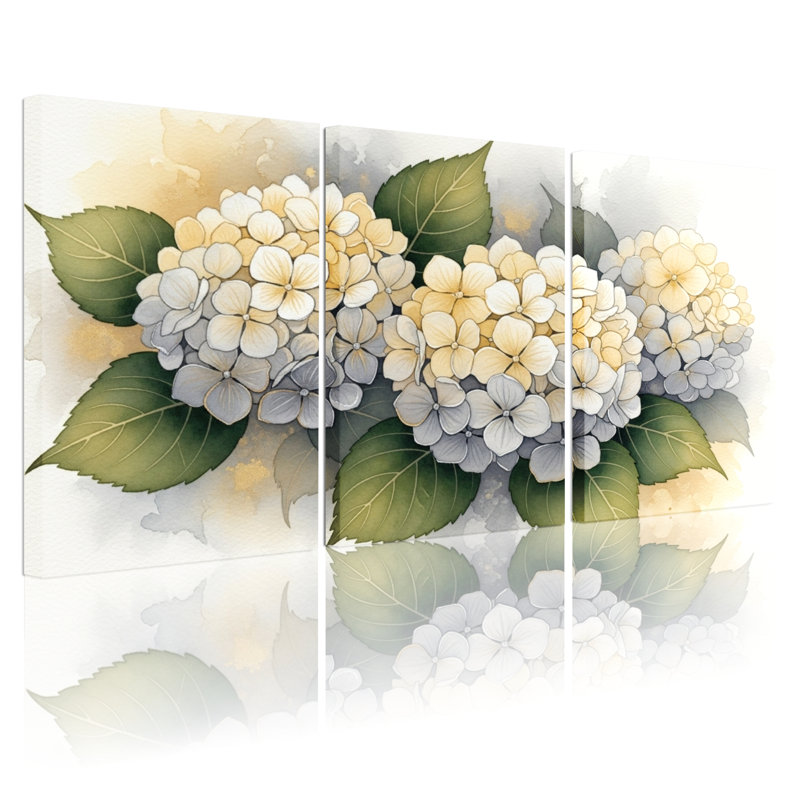 «Hydrangea», impression sur toile tendue à l'aquarelle sur toile, ensemble de 3, H 24 po x l 48 po