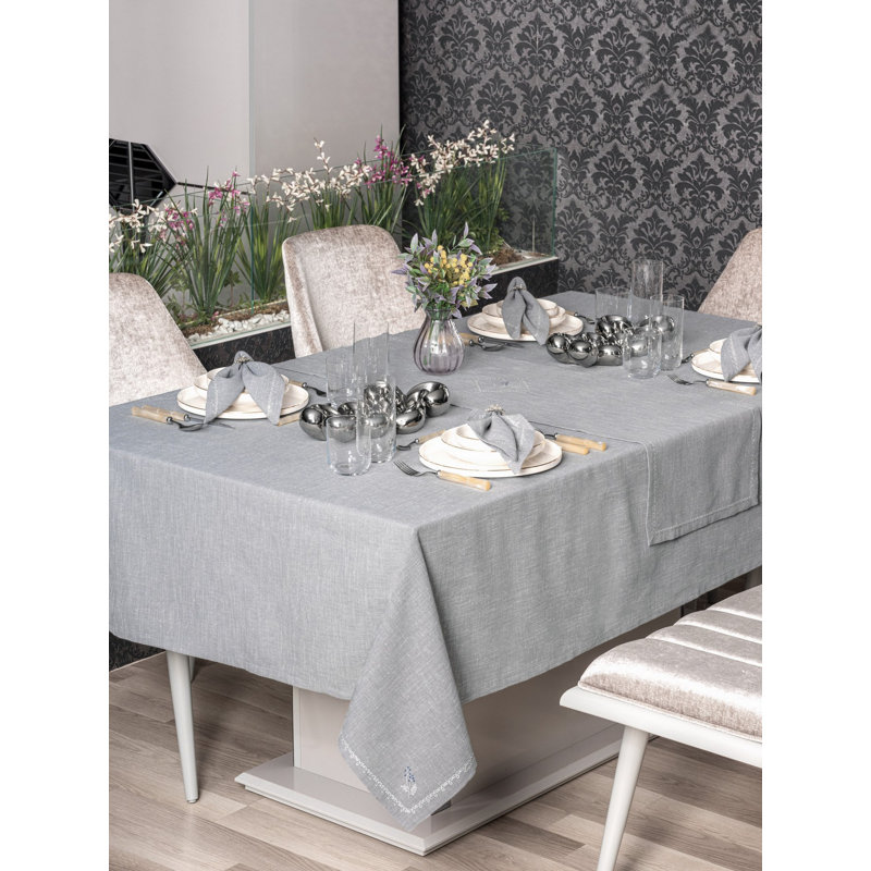 Elegant Tablecloth Set (8 Pieces), Grey, 68.9 x 94.5 inches | 90% Polyester / 10% Cotton, Includes 1 Tablecloth (68.9 x 94.5 in), 1 Runner (15.7 x 55.1 in), 6 Towels (15.7 x 15.7 in) | Machine Washable & Easy Care