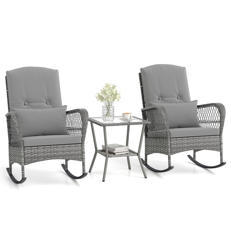 3-Piece Outdoor Rocking Chair Set Hand-Woven PE Rattan Chairs-Grey