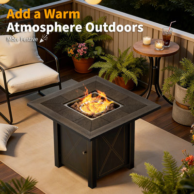 Latitude Run 30" Square Ceramic Propane Fire Pit Table, 50000 BTU CSA Certified Smokeless Outdoor Patio Fire Table with Lid, Waterproof Cover and Lava Rocks for Backyard and Balcony