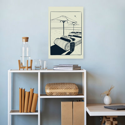 «Tranquil Beach Loungers Peaceful Serene Tranquil Bird Coastal», reproduction d'art mural