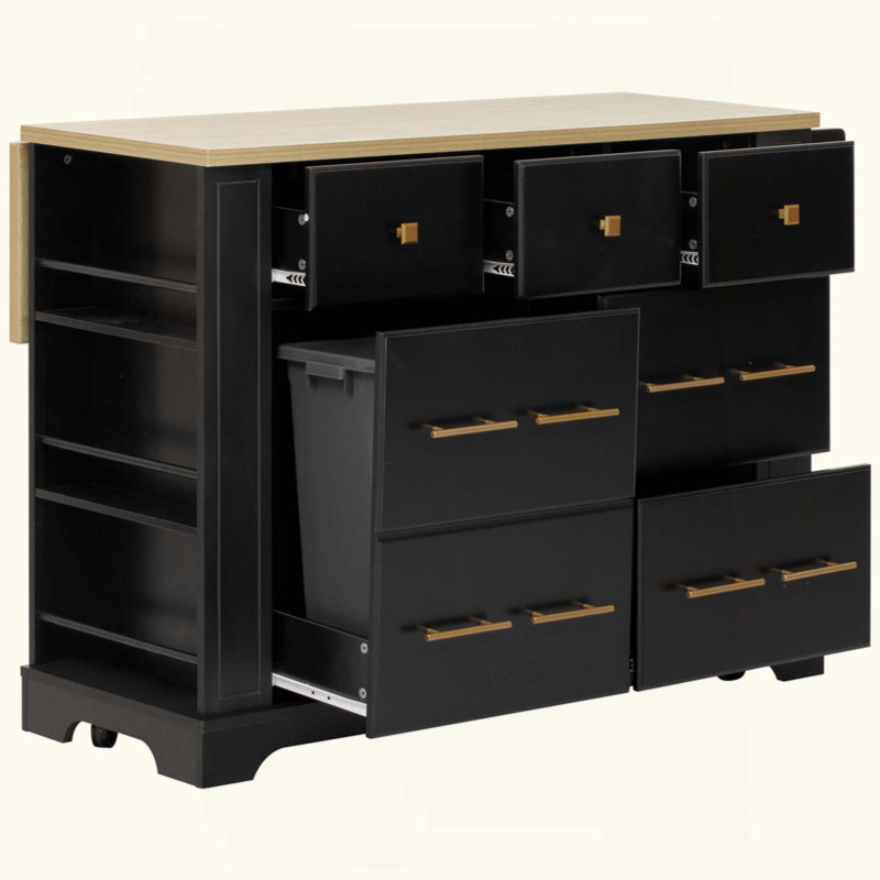 Kitchen Island With 6 Drawers, Pull Out Trash Can Storage, Rolling Kitchen Island On 5 Wheels With Drop Leaf, Power Outlet, 5 Open Side Racks For Kitchen, Dining Room