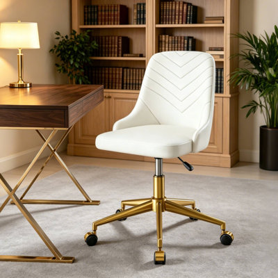 Modern Mid-Back White Swivel Desk Chair, Height Adjustable Home Office Chair for Bedroom, Living Room & Vanity Makeup